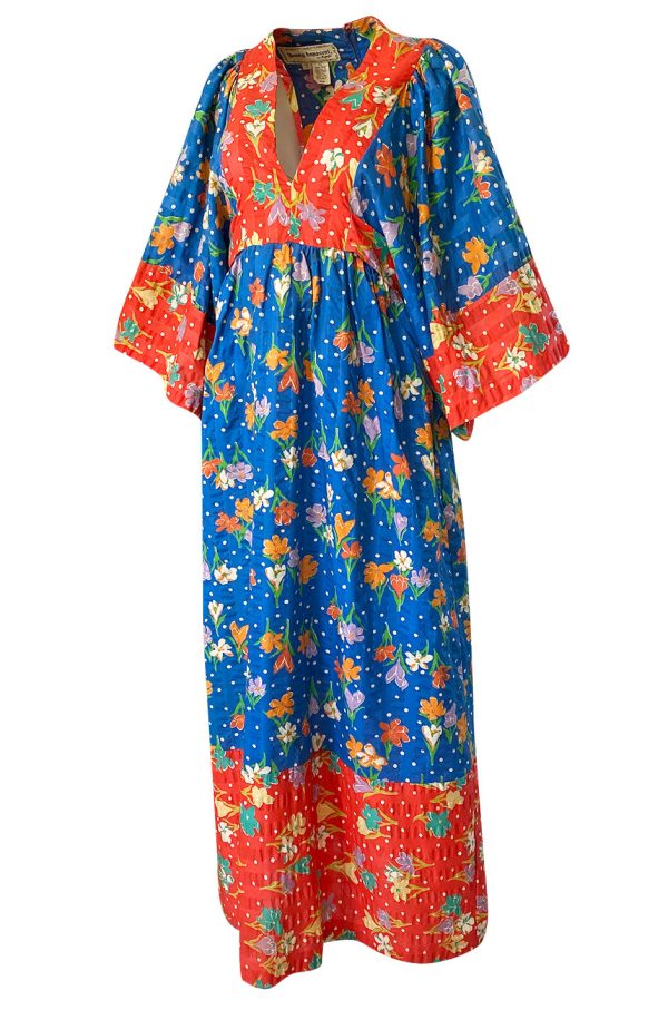 1960s Young Innocents by Arpeja Red & Blue Cotton Floral Print Caftan Dress For Sale