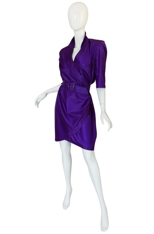 1980s Purple Parachute Silk Thierry Mugler Wrap Dress Fashion