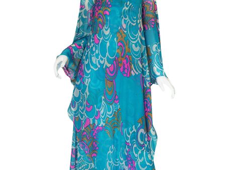 1970s Hanae Mori Flowing Turquoise Silk Chiffon Caftan Dress Online Hot Sale