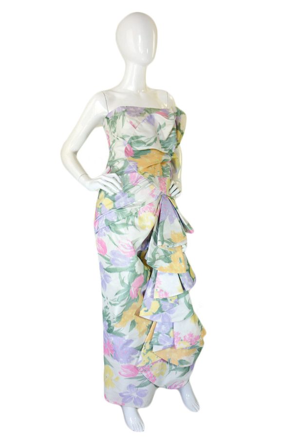 1980s Strapless Ruffled Pastel Silk Mignon Gown For Sale