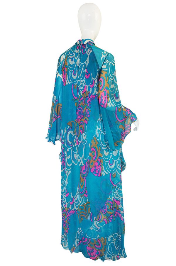 1970s Hanae Mori Flowing Turquoise Silk Chiffon Caftan Dress Online Hot Sale