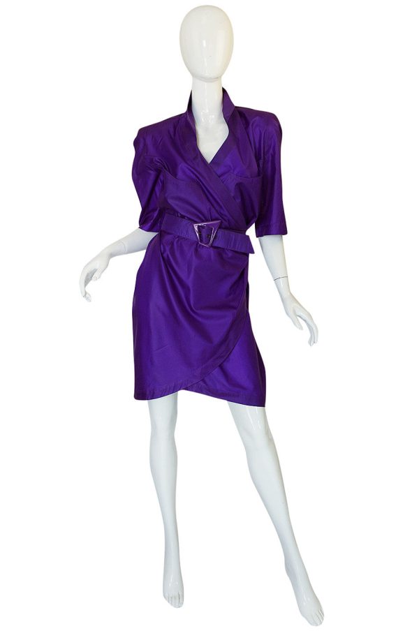 1980s Purple Parachute Silk Thierry Mugler Wrap Dress Fashion