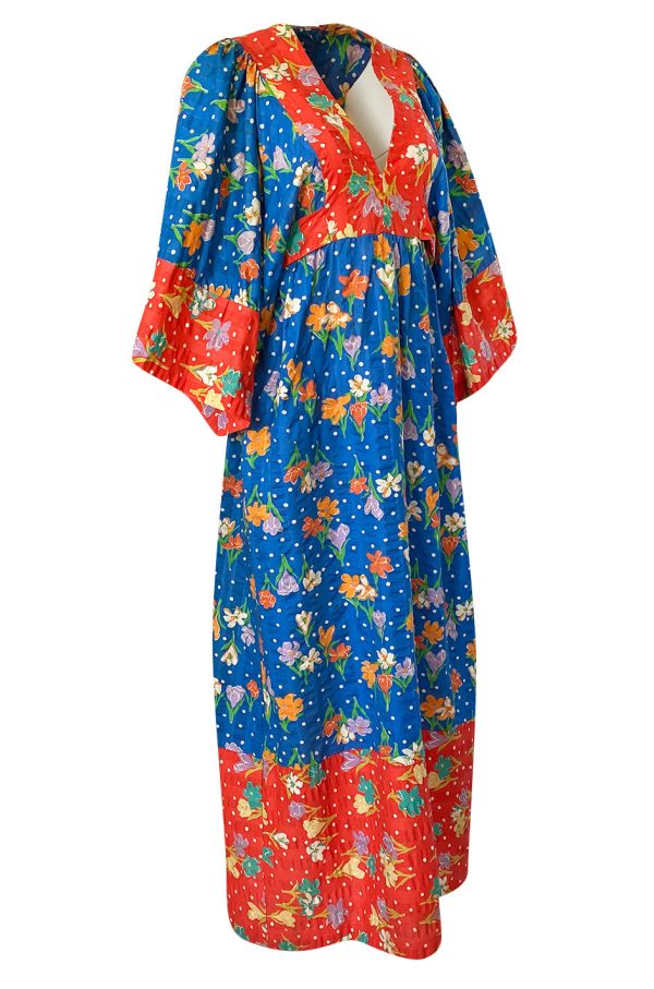 1960s Young Innocents by Arpeja Red & Blue Cotton Floral Print Caftan Dress For Sale